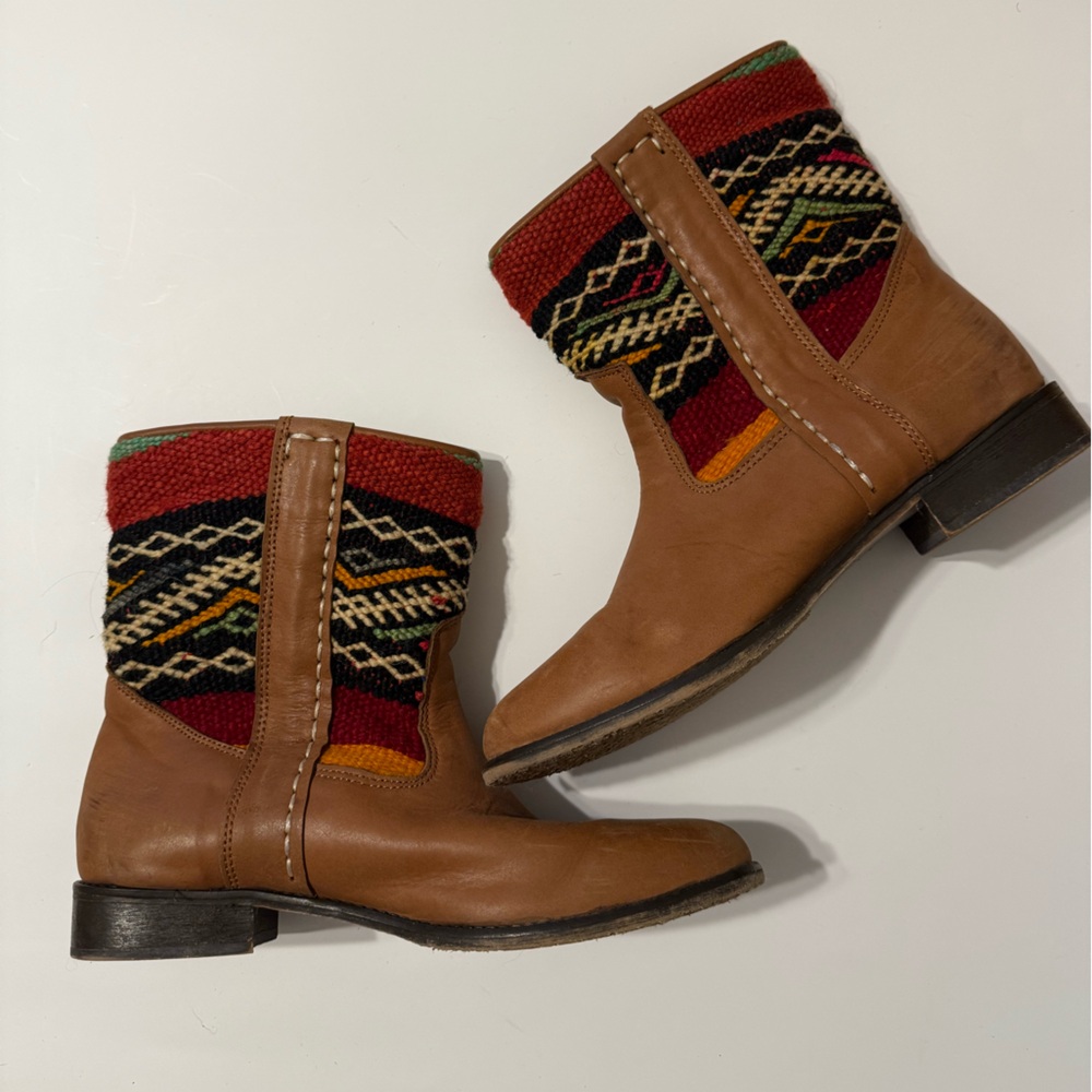 Tan Leather Boots with Colorful Knit Design